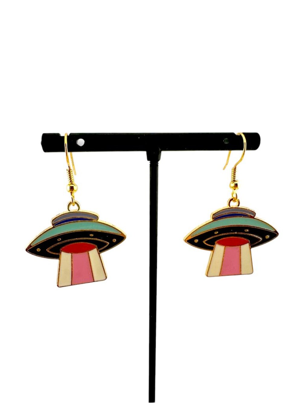 Retro UFO Spaceship Enamel Earrings Gold Plated Alien Sci Fi Dangle - Picture 4 of 9